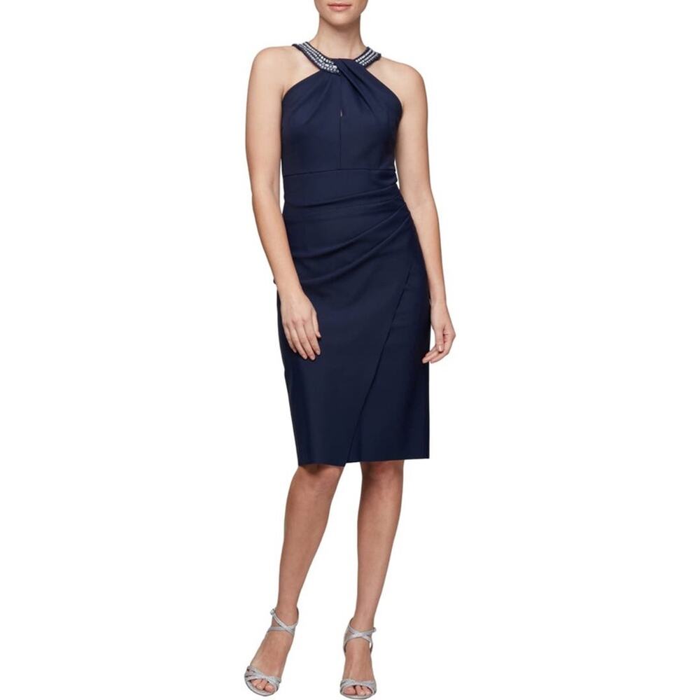 Alex Evenings Halter Cocktail Dress Navy Blue Size 6 Rhinestone Embellished